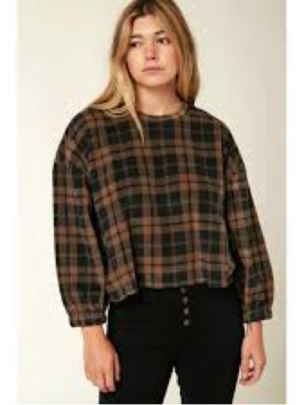 O'Neill Plaid Boxy Long-Sleeve Top in Brown and Black
